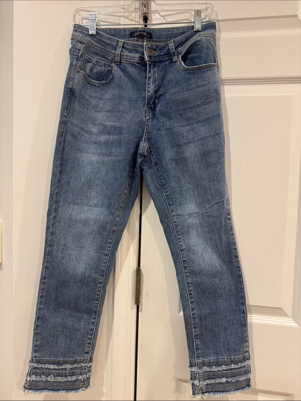 CHARLIE B Blue Cropped Ankle Jeans with Frayed Tiered Hem